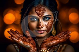Hermosa mujer vistiendo ropa tradicional india con tatuaje de henna fotos  de archivo