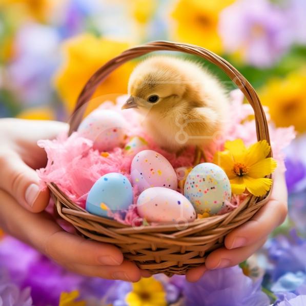 Beautiful Picture of Colorful Easter Eggs in a Basket stock photo