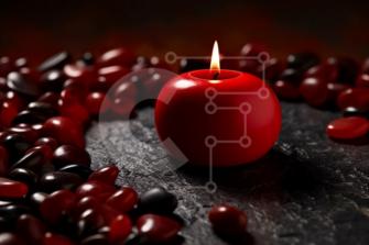 Romantische rote Kerze mit Herzen auf schwarzem Hintergrund