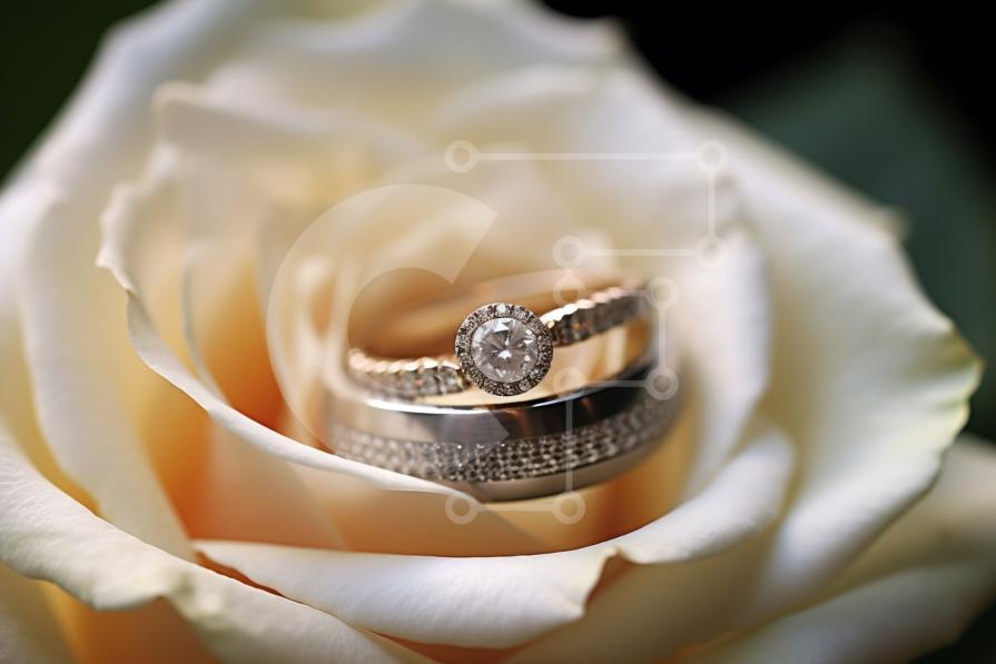 Wedding Rings Rose Pattern Two Wedding Rings on a Beautiful White Rose stock photo | Creative Fabrica