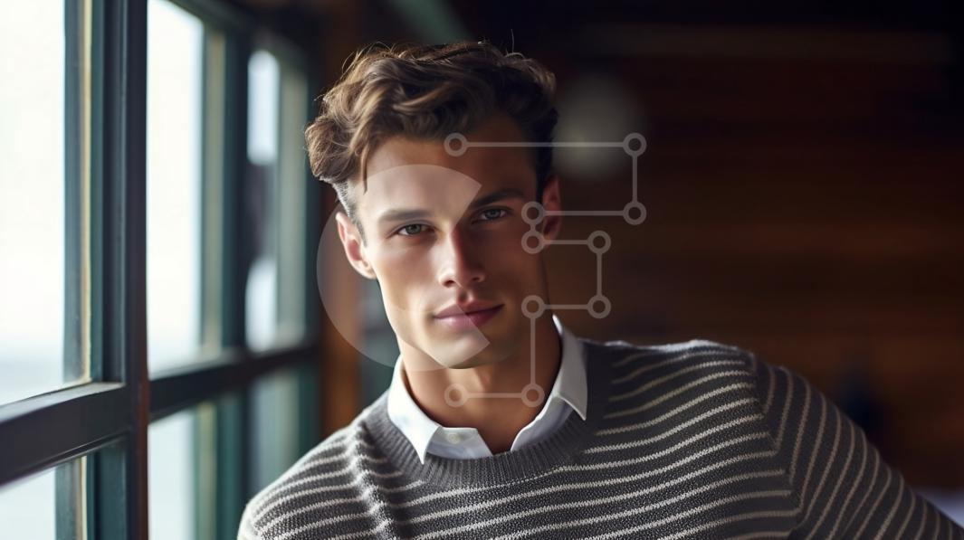 Portrait of Young Man Standing by Window in Striped Sweater stock photo ...