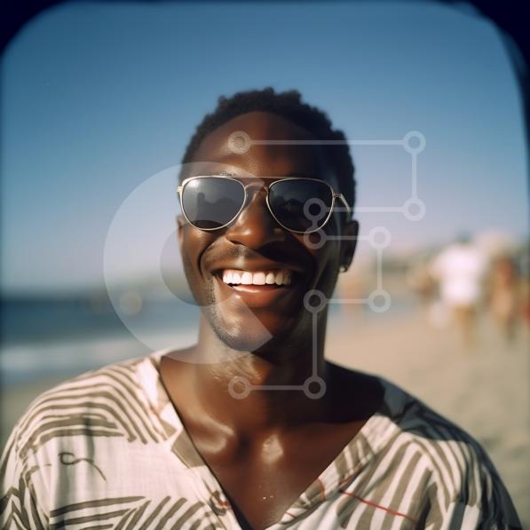 Happy man on the beach with sunglasses and ocean view stock photo ...