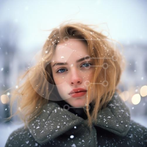 Mujer en traje de invierno con el telón de fondo de un campo cubierto de  nieve