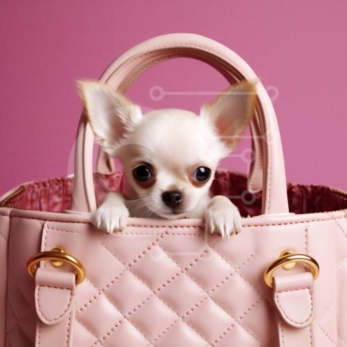 chien chihuahua à cheveux courts brun debout dans un sac à dos pour animaux  de compagnie sur l'herbe verte avec des accessoires de voyage, des bagages  roses et un sac tissé. 17186572
