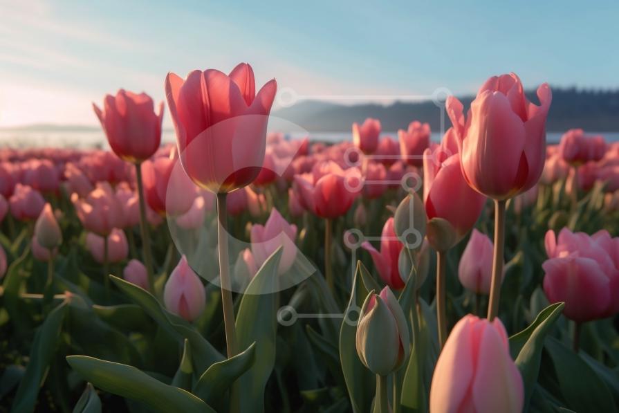 Stunning Picture of a Field of Pink Tulips at Sunset stock photo ...