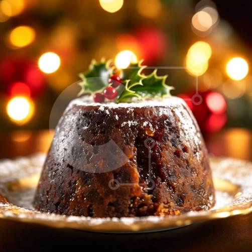 Image en gros plan d'un pudding de Noël avec des feuilles de houx