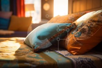 Bellissima immagine di una camera da letto colorata con un brillante sole  che brilla attraverso la finestra foto stock