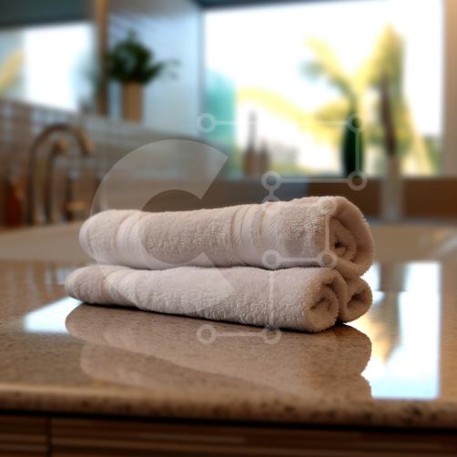 Vista ravvicinata di asciugamani da bagno bianchi piegati ordinatamente su  piano in marmo foto stock