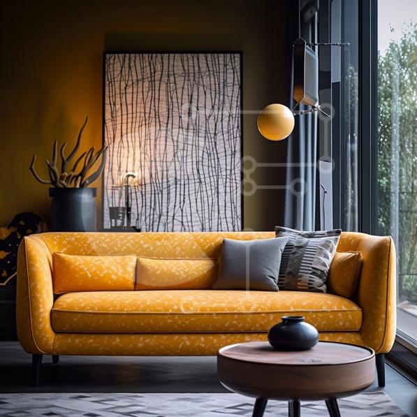Ispirazione per il design d'interni: soggiorno moderno con divano giallo  foto stock