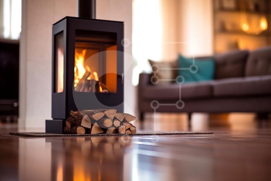Stylish Wood-Burning Stove in Bright Living Room stock photo | Creative ...
