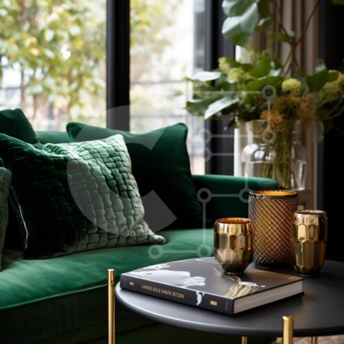 Salon avec canapé vert, coussins et tapis design noir & blanc et tabourets  noirs Stock Photo