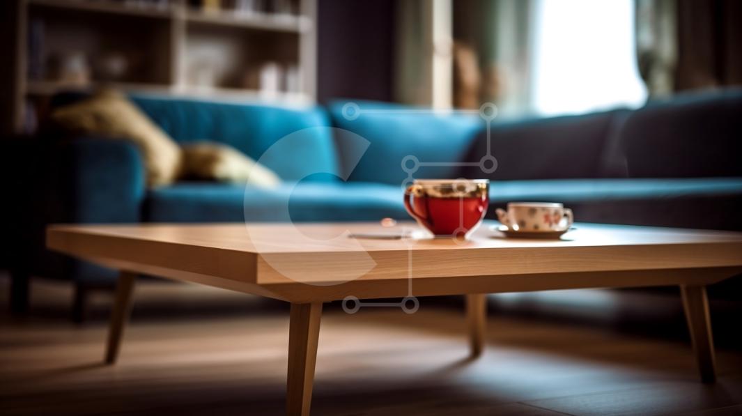 Stylish and Contemporary Wooden Coffee Table with Blue Sofa in