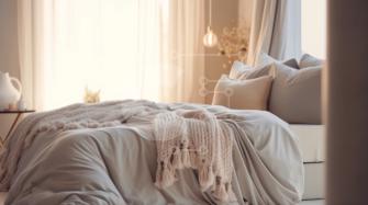 Camera confortevole con un grande letto e bellissime tende bianche foto  stock