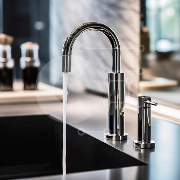 Stylish Kitchen Sink with Chrome Faucet and Black Countertop stock