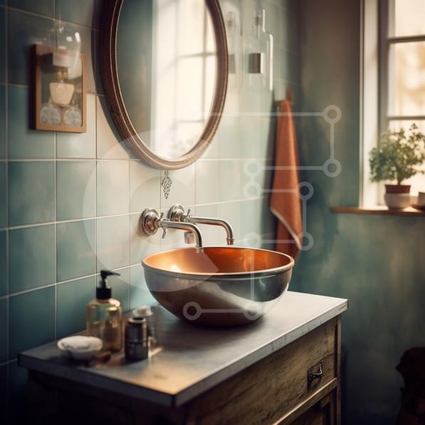 Stylish Bathroom with Copper Sink and Green Tiles stock photo