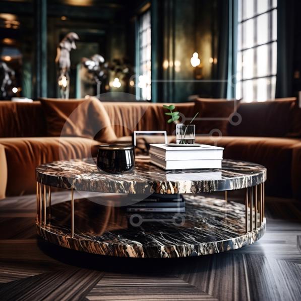 Stylish and Contemporary Living Room with Black Marble Coffee Table and
