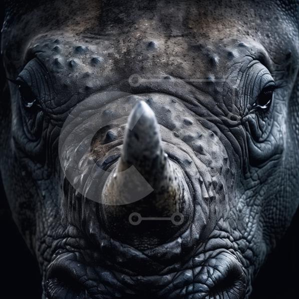 CloseUp Image of a Rhinoceros's Face with Large Horn on Nose stock
