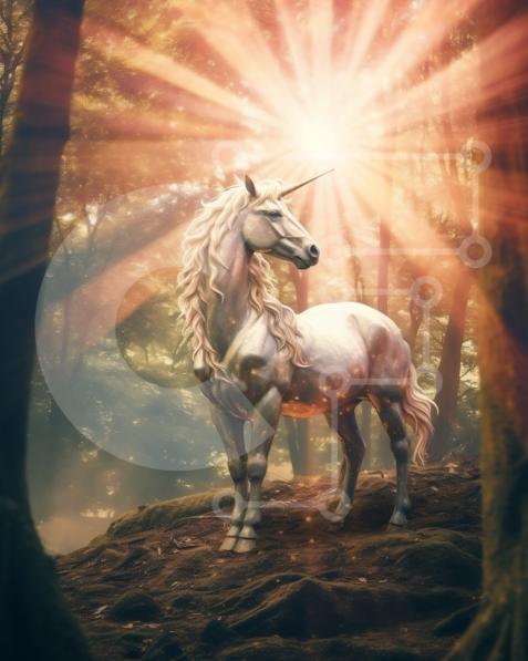 Magical Image of a White Unicorn in a Sunlit Forest stock photo ...