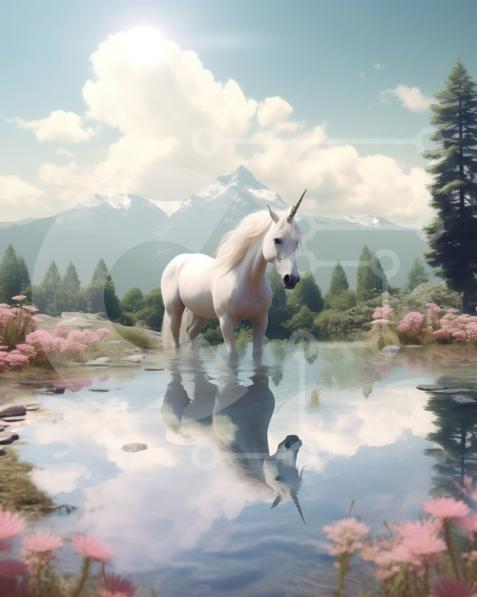 Beautiful Picture of a White Unicorn in a Pond with Pink Flowers and ...
