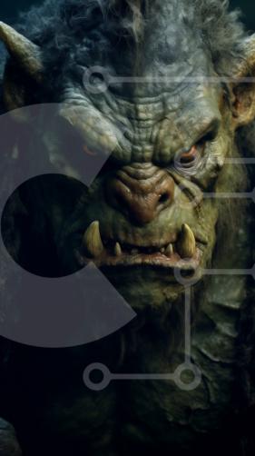 Um troll assustador com olhos verdes e rosto azul está na frente de um  fundo escuro.
