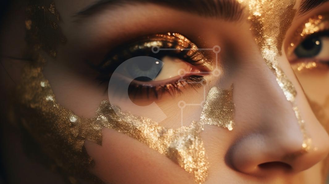 Stunning Portrait of Woman with Gold Face Paint and Long Eyelashes
