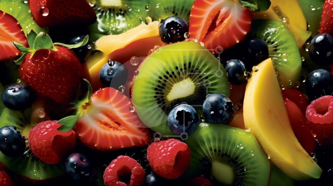 Healthy Bowl of Mixed Fruit with Kiwis, Strawberries and Blueberries