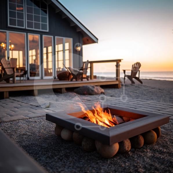 Beautiful Beach House with Fire Pit on the Sand at Sunset stock photo