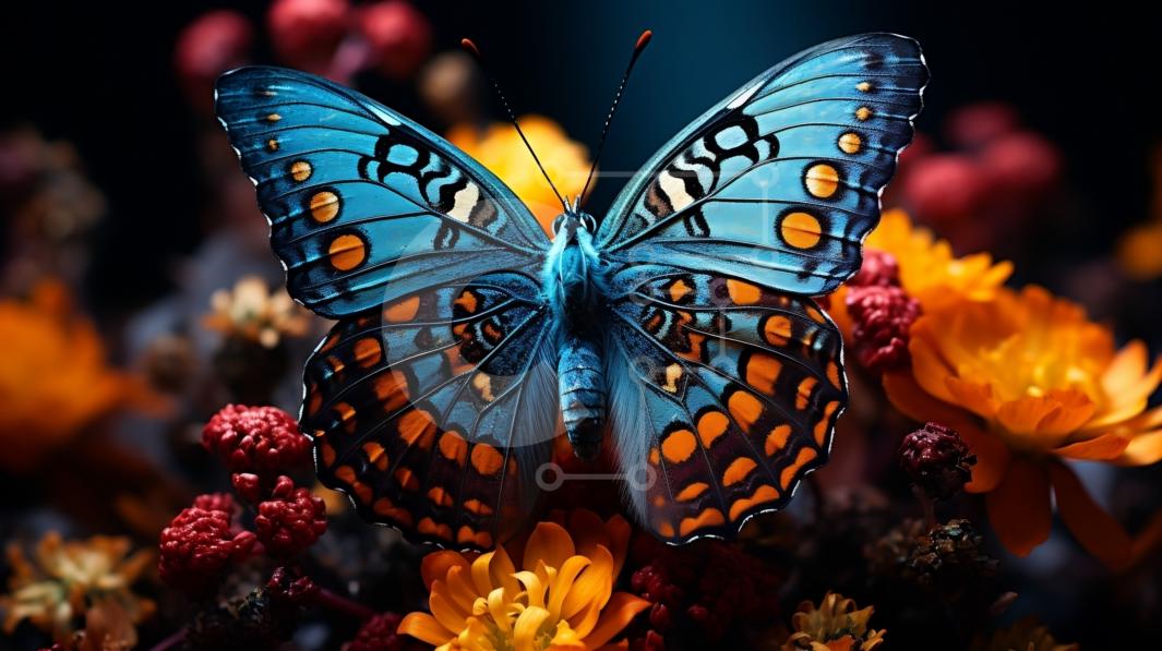 Beautiful Picture of a Blue Butterfly on a Colorful Flower stock photo