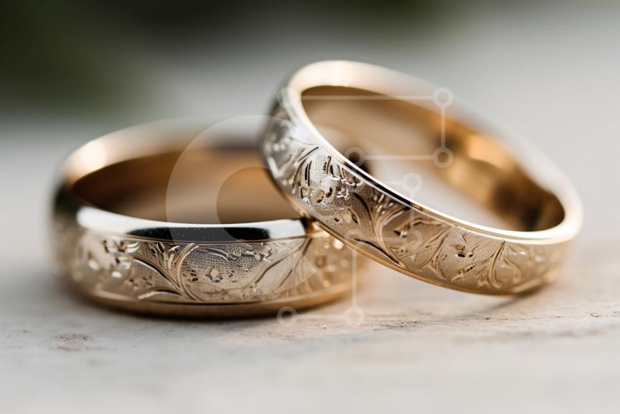 Elegant Gold Wedding Rings with Beautiful Floral Engravings stock photo ...