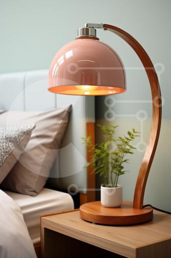 Stilosa lampada da scrivania rosa in camera da letto blu chiaro foto stock