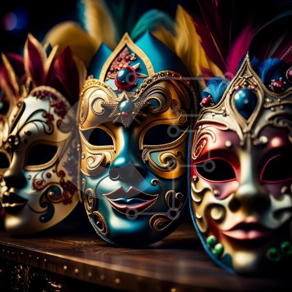 Group of Colorful Venetian Masks on a Wooden Shelf stock photo ...