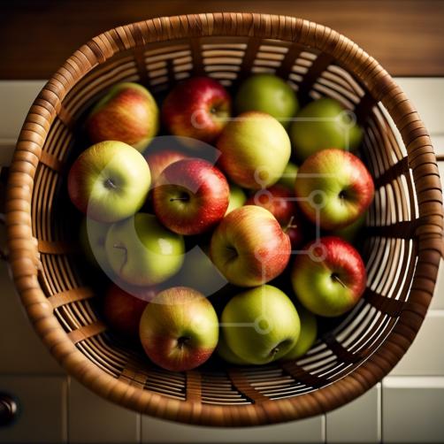 Bellissima immagine di un cestino di mele fresche in cucina foto stock
