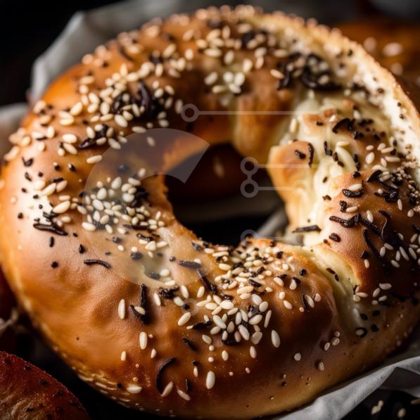 Delicious Sesame and Poppy Seed Bagel with Dark Background stock photo