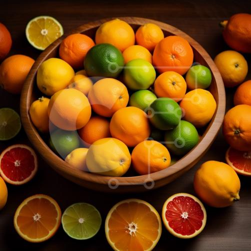 Vibrante ciotola di arance e lime su un tavolo di legno rustico foto stock