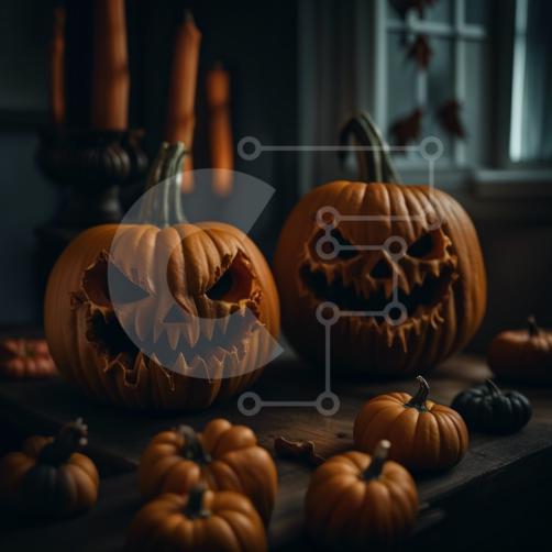Conjunto de abóboras de halloween esculpidas assustadoras com