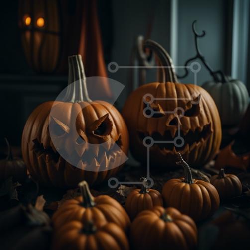 Conjunto de abóboras de halloween esculpidas assustadoras com