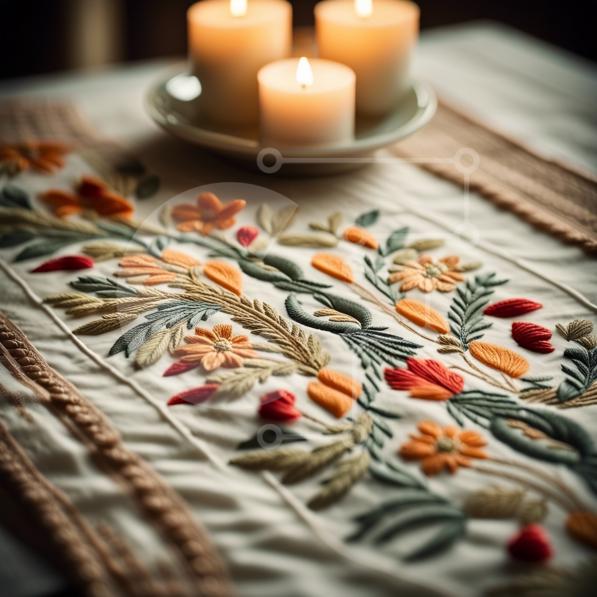 Beautiful Closeup of Floral Embroidered Table Runner with Lit Candles