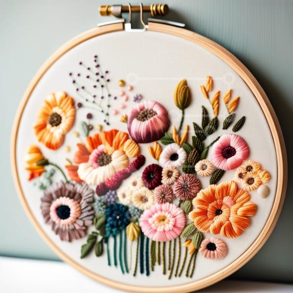 Beautiful Embroidery Hoop with a Variety of Flowers stock photo