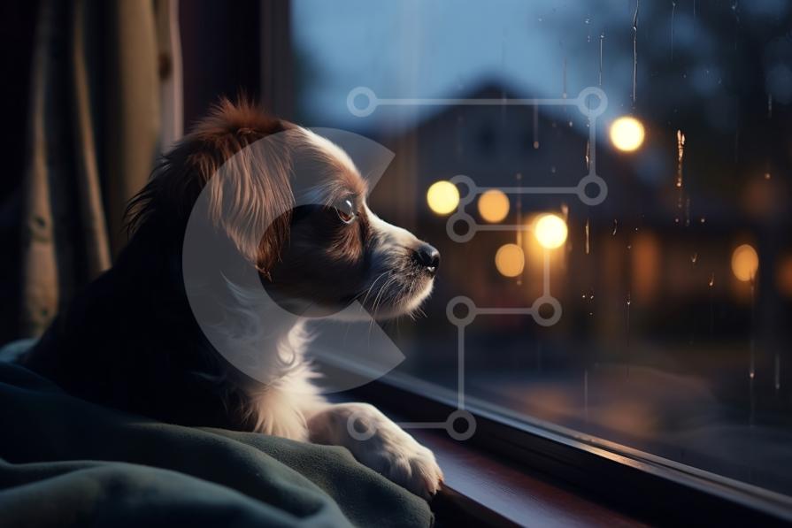 Cute Picture of a Dog Sitting by the Window on a Rainy Day stock photo Creative Fabrica