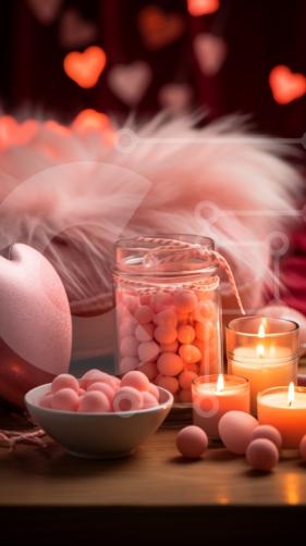 Immagine romantica di un tavolo apparecchiato con candele rosa e caramelle  foto stock