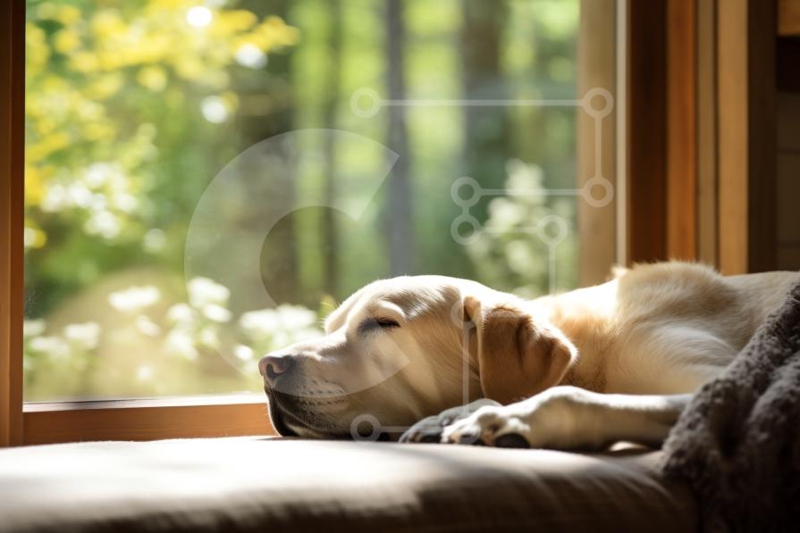 Cozy Picture of a Sleeping Dog on a Couch with a Beautiful View stock ...