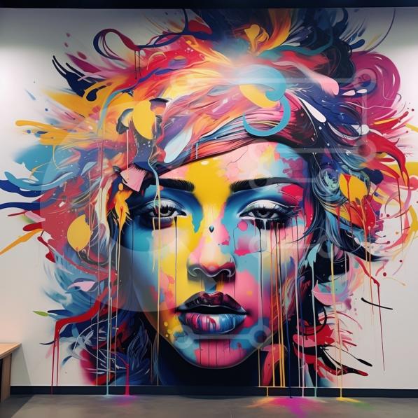 Vibrant Mural of Woman's Face with Paint Dripping Down stock photo ...