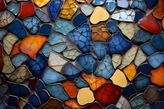 Opera d'arte di Mosaico Vibrante con Tonalità di Blu, Arancione e Giallo  foto stock