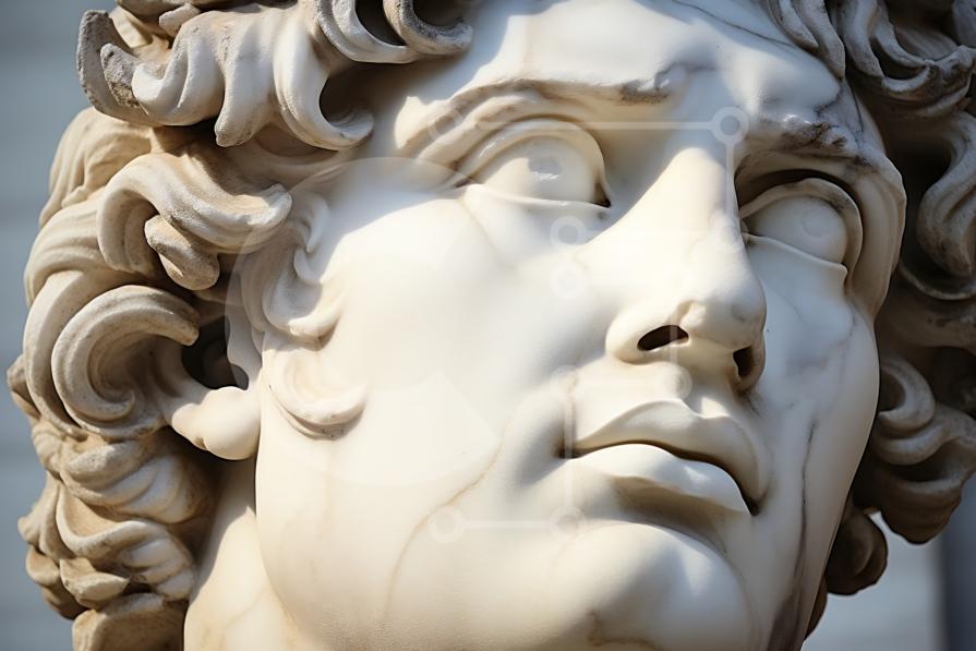 Powerful Marble Statue with Curly Hair and Serious Expression stock