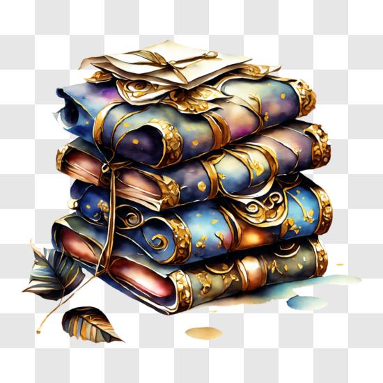 Stack of Books with Intricate Designs on Cover and Spine PNG