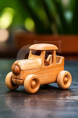 Coche de juguete de madera vintage en mesa de madera fotos de archivo
