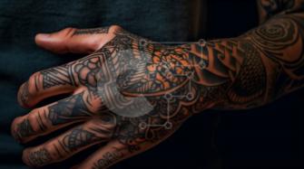 Tatuajes intrincados de tinta negra en la mano de un hombre fotos