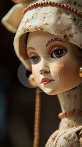 Belle Poupée en Porcelaine avec Élégante Robe Blanche et Chapeau Accentué  d'Or photo stock