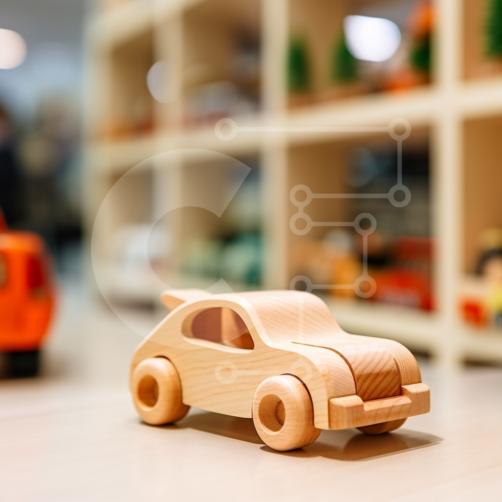 Adorable coche de juguete de madera en la mesa de juegos fotos de archivo