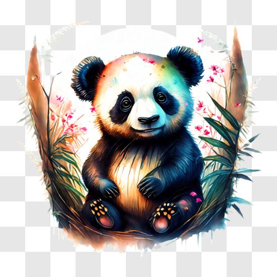 Baixe Urso Panda de Desenho Animado Sentado na Grama com Flores PNG -  Creative Fabrica